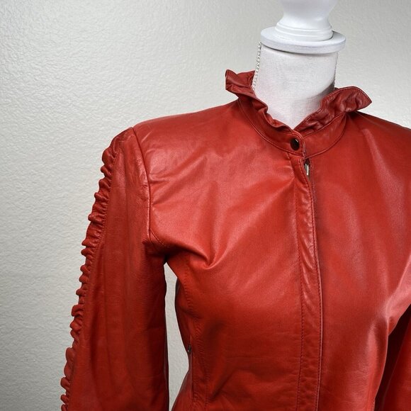 Vintage Triangles - Tannery West Jacket Womens Red Sz 5 Leather Ruffle 80's 90's - Picture 5 of 16